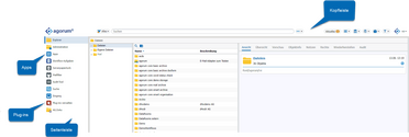 Bildschirmfoto zeigt das neue Wording in der Oberfläche von agorum core 11.0 mit Seitenleiste, Apps, Plug-ins und Kopfleiste.