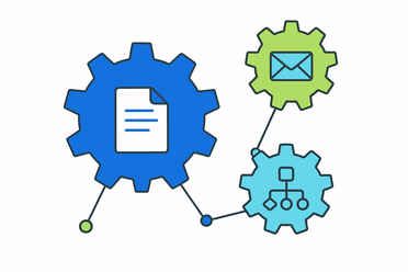 Symbolgrafik Zahnräder: Automatisierte Unternehmensprozesse mit Dokumenten- und E-Mail-Fluss.
