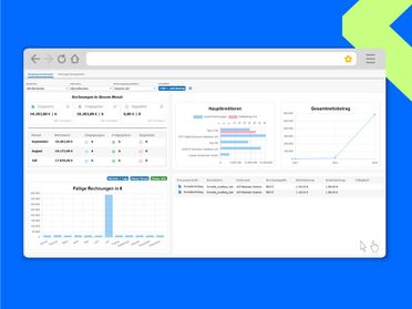 Dashboard des Dokumentenmanagement-Systems zeigt Eingangsrechnungen, Vertragsmanagement, Hauptkreditoren und Gesamtkostenübersicht.