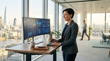 CEO arbeitet produktiv mit KI-gestützten Business Analytics und autonomen Workflow-Dashboards