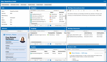 Das CRM-Dashboard der Musterfirma zeigt Kundeninformationen, Aufgaben, Vorgänge, wichtige Dokumente und Projekte im Dokumentenmanagement-System.