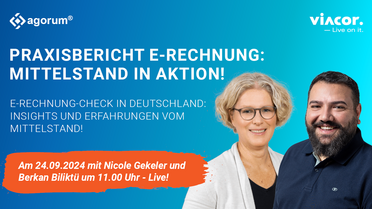 Webinar-Poster zeigt Nicole Gekeler und Berkan Biliktü, die über die E-Rechnungspflicht im Mittelstand sprechen.
