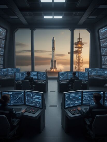 Moderne Raumfahrt-Kontrollzentrale mit Ingenieuren an Workstations