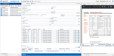 Das Bild zeigt die Benutzeroberfläche des digitalen Rechnungsworkflows im Dokumentenmanagement-System mit Übergabe an DATEV.