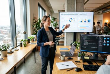 Moderne Präsentationsfolien auf einem Bildschirm, daneben ein zweiter Monitor mit Skill-Ordnerstruktur
