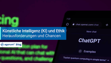 Ein Smartphone-Bildschirm zeigt die Chat-GPT-Oberfläche mit dem Text 'Explain quantum computing in simple terms'. Im Vordergrund ist ein Textfeld mit der Überschrift 'Künstliche Intelligenz (KI) und Ethik: Herausforderungen und Chancen' zu sehen.