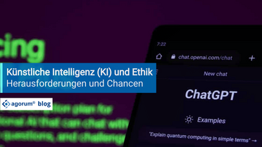 Ein Smartphone-Bildschirm zeigt die Chat-GPT-Oberfläche mit dem Text 'Explain quantum computing in simple terms'. Im Vordergrund ist ein Textfeld mit der Überschrift 'Künstliche Intelligenz (KI) und Ethik: Herausforderungen und Chancen' zu sehen.