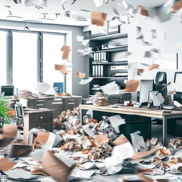 Ein Büro voller Papierstapel und herumfliegender Dokumente zeigt das Chaos, das durch Digitalisierung vermieden werden kann.