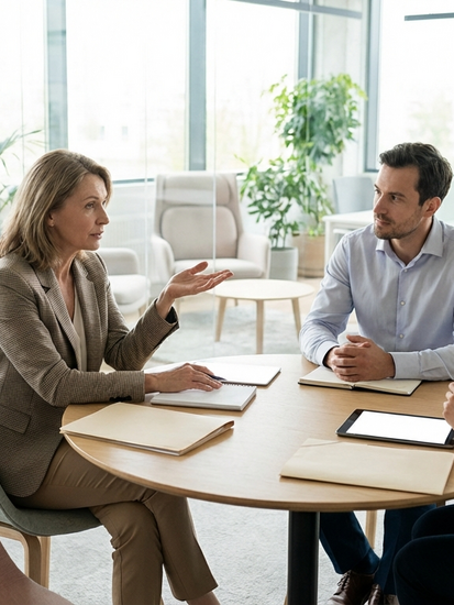 Moderne Mediationssitzung mit professioneller Mediatorin