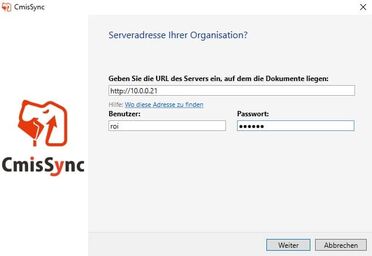 CmisSync Konfigurationsfenster zeigt Eingabefelder für die Serveradresse, Benutzername und Passwort zur Synchronisation von Dokumenten aus dem DMS.