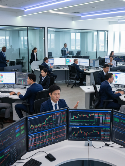 Moderne Arbeitsumgebung im Fondsmanagement mit Finanzanalysen auf mehreren Bildschirmen