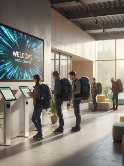Moderne Jugendherberge mit digitalem Eingangsbereich