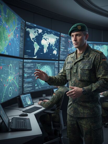 Moderne militärische Führungszentrale mit digitalen Lagebildern