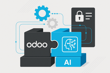 Odoo und KI-Agenten als Plug&Play-Bausteine, sicher verzahnt, Rechte und Datenströme (blau, technisch, innovativ)