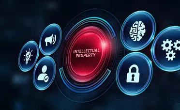 Grafische Darstellung von Schutzrechten und geistigem Eigentum im Kontext eines Dokumentenmanagement-Systems. Symbol für Datensicherheit, KI und Digitalisierung.