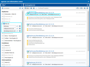 Das Bild zeigt die Filterfunktion der Volltextsuche im Dokumentenmanagement-System, mit der nach Rechnungen gefiltert wird.