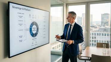 Geschäftsführer analysiert die Architektur einer souveränen KI-Plattform auf einem Bildschirm im modernen Konferenzraum