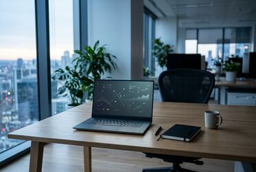 Leerer Schreibtisch im Morgenlicht mit leuchtendem Laptop-Bildschirm, sinnbildlich für einen automatisiert laufenden Prozess
