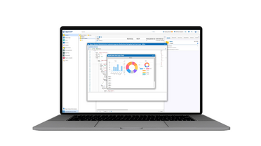 Ein Laptop-Bildschirm zeigt das Dokumentenmanagement-System mit verschiedenen Tools und einer Visualisierung durch Diagramme.