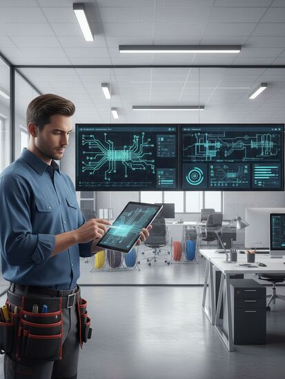 Elektriker mit Tablet bei digitaler Dokumentation