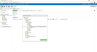 Kopano WebApp zeigt das Hinzufügen eines Dokuments aus dem Dokumentenmanagement-System via WebDAV zu einer E-Mail.