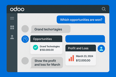 Best-Practice Odoo KI: Klartextfragen, Chatverlauf, smarte Antwortkarten (blau, KI-Icons, modern)