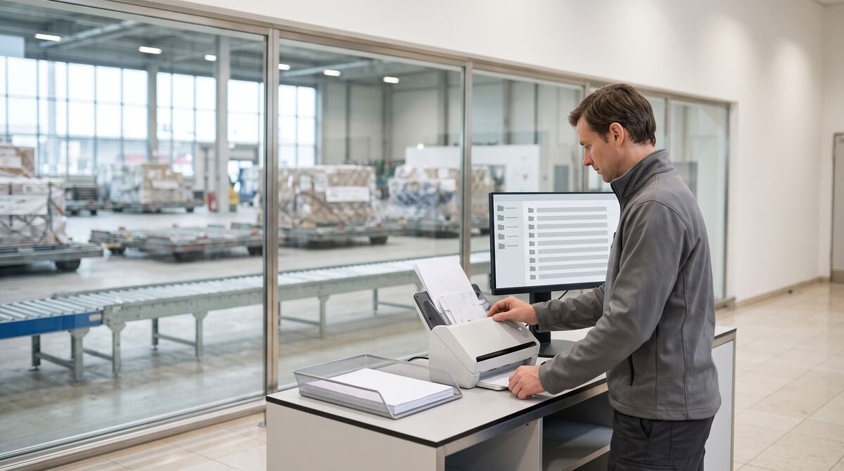 Frachtpapiere werden im Luftfracht-Terminal in einen Dokumentenscanner eingelegt