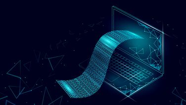 Eine digitale Darstellung zeigt, wie Daten von einem Laptop in ein Dokumentenmanagement-System (DMS) und weiter zu DATEV übertragen werden.