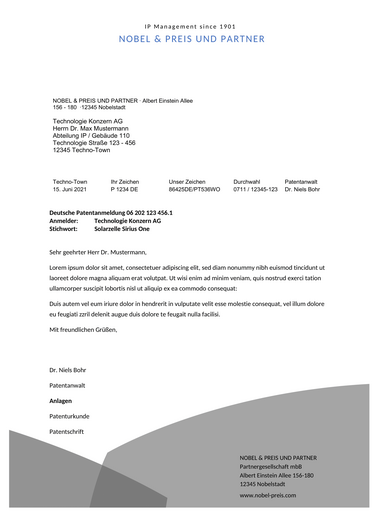 Bild zeigt einen Briefwechsel zwischen Nobel & Preis und Partner und Technologie Konzern AG über die deutsche Patentanmeldung 06 202 123 456.1 für die Solarzelle Sirius One.