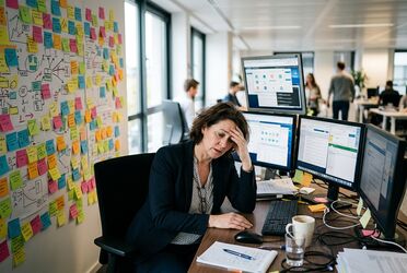 Überforderte Mitarbeiterin im Büro vor mehreren Bildschirmen mit zu vielen KI-Tools – Sinnbild für Tool-First-Fehlstart bei KI-Einführungen