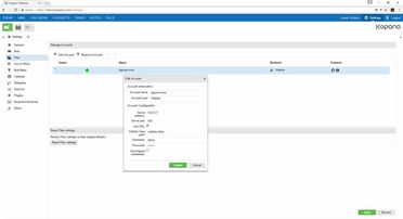 Kopano Groupware zeigt die Integration mit dem Dokumentenmanagement-System über WebDAV, wo ein Account namens agorum-core hinzugefügt wird.