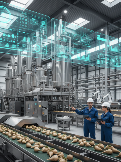 Moderne Zuckerfabrik mit digitalen Überwachungssystemen