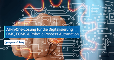Eine Hand drückt auf ein digitales Netzwerk, symbolisiert die Integration von Dokumentenmanagement, ECMS und Robotic Process Automation.