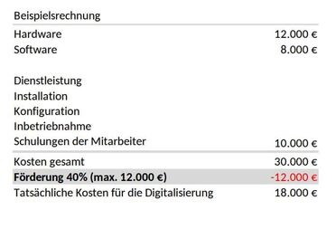 Beispielrechnung zeigt die Kostenaufteilung für Hardware, Software und Dienstleistungen sowie die Förderung von 40% für die Digitalisierung im Gesundheitswesen.