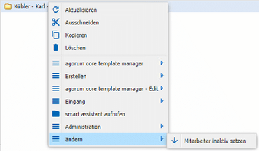 Screenshot zeigt die Verwaltung von digitalen Personalakten im DMS agorum core mit Ordnerstruktur für Führerscheinkontrolle, Erste-Hilfe-Kurs und Weiterbildungen.