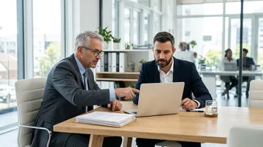 Prüfer und HR-Verantwortlicher betrachten gemeinsam einen Laptop mit elektronisch unterstützter Betriebsprüfung im Besprechungsraum
