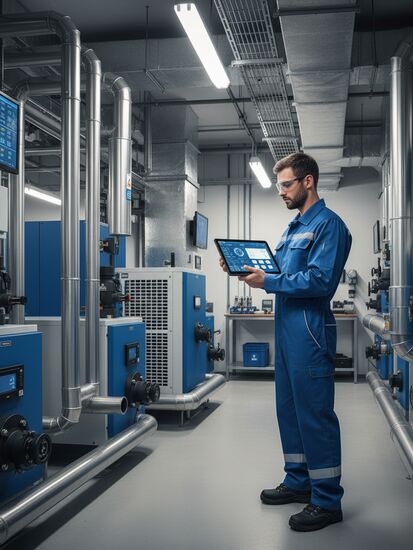 HKLS Techniker mit digitalem Tablet in moderner Heizungsanlage