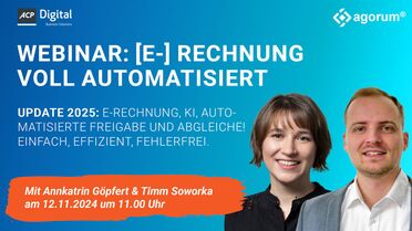 Webinar-Poster zeigt Informationen zum Thema E-Rechnung voll automatisiert mit ACP Digital Business Solutions und agorum.