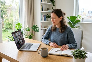 Teilnehmer verfolgt am Laptop ein Online-Webinar im Home-Office – kostenfreie Teilnahme an agorum® Campus