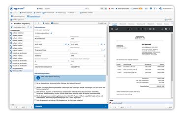Screenshot zeigt die automatisierte Rechnungsverarbeitung mit KI in agorum core, wo Rechnungsdaten extrahiert und in ein Formular übernommen werden.