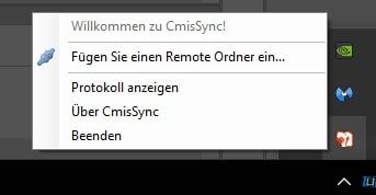 Willkommensfenster von CmisSync zeigt Optionen wie 'Fügen Sie einen Remote Ordner ein...' und 'Protokoll anzeigen' für die Synchronisation von Daten aus einem Dokumentenmanagement-System.