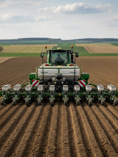 Moderne Präzisionssämaschine bei der Aussaat auf einem Feld