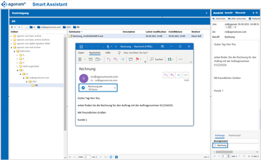 Ein Screenshot zeigt die Integration von Outlook in das Dokumentenmanagement-System, wo Rolf Lang eine E-Mail mit einer Rechnung öffnet.