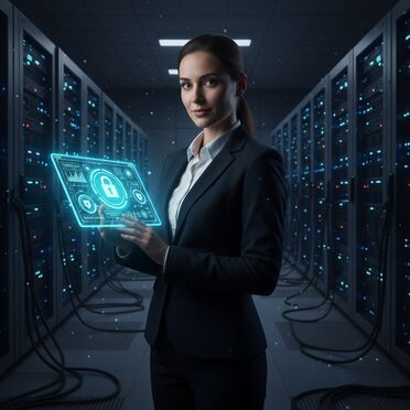 IT-Sicherheitsexperte im Serverraum mit Security-Dashboard