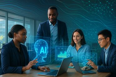 Moderne Arbeitsumgebung mit KI-Integration und holografischen Interfaces
