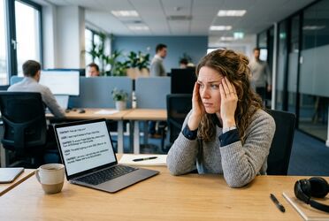 Mitarbeiter am Laptop mit einfachem KI-Chat, der ohne Tools an seine Grenzen stößt