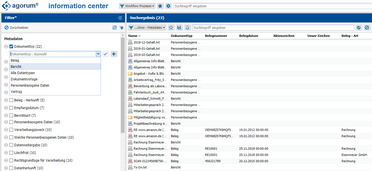 Das Information Center zeigt eine Liste von Dokumenten mit Metadaten wie Dokumententyp, Belegnummer und Belegdatum.