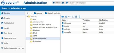 Benutzerverwaltungs-Dashboard des Dokumentenmanagement-Systems zeigt Nutzerliste mit Namen und Gruppenstruktur