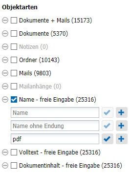 Das Admin-Tool von agorum core zeigt Filteroptionen für Dokumente, Mails, Ordner und andere Objektarten.