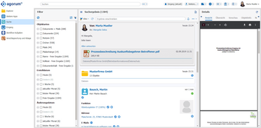 Das Bild zeigt die Suchfunktion im Open-Source-DMS agorum core open mit Suchergebnissen und Detailansicht eines Dokuments.